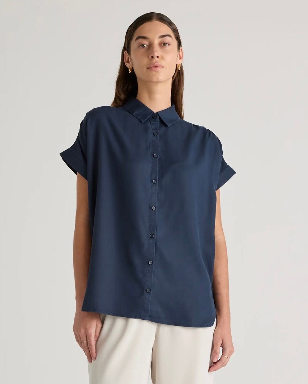 QUINCE Vintage Wash Tencel Camp Shirt Midnight Blue LARGE